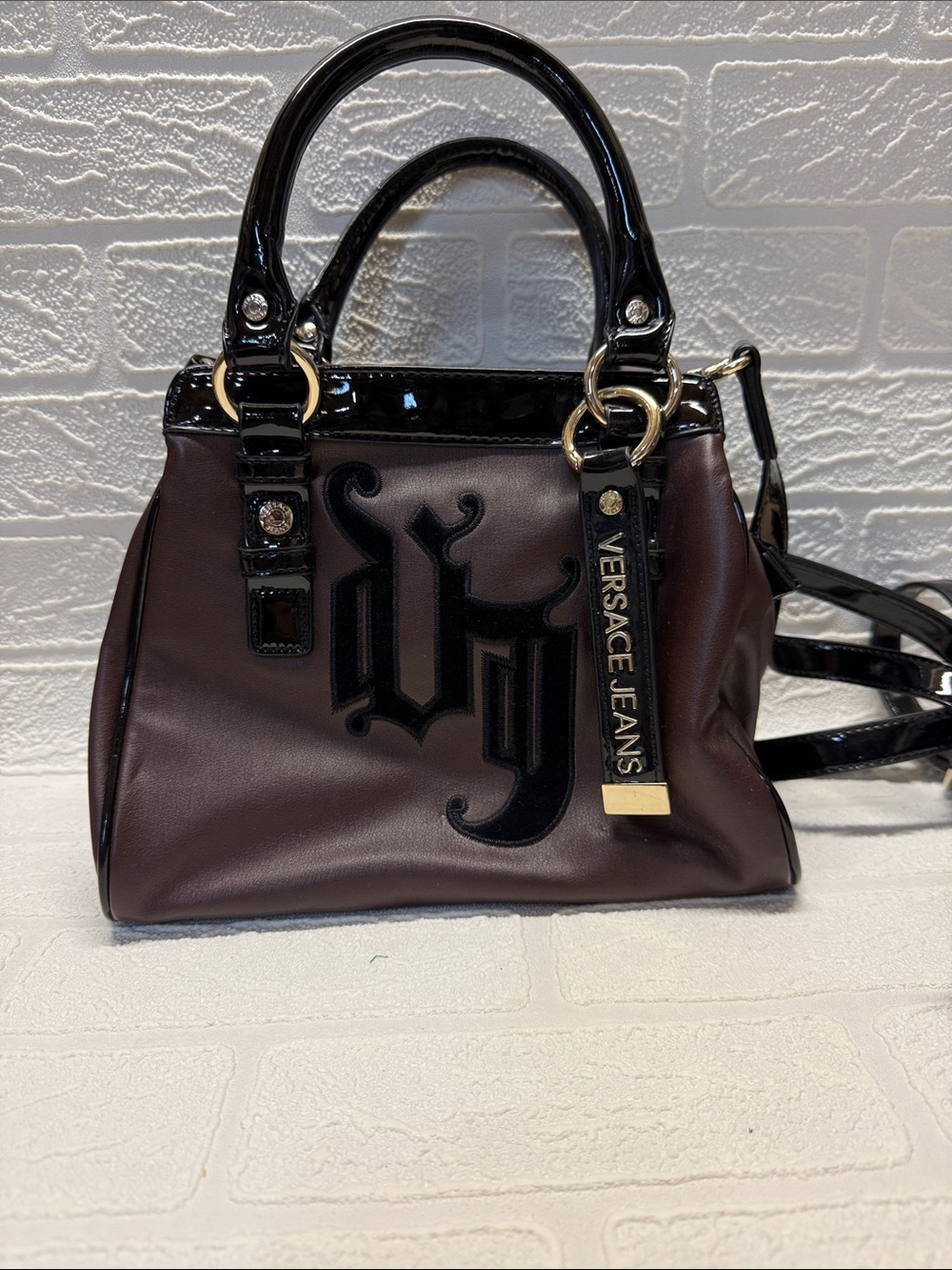 Versace Jeans Brown Purse W/ Black Patent Trim and Gothic “VJ” Velvety Initials